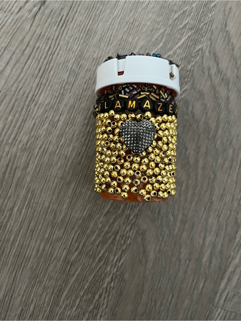 Handmade Embellished “Glamazepam” Pill Bottle with Gold Beads and Heart